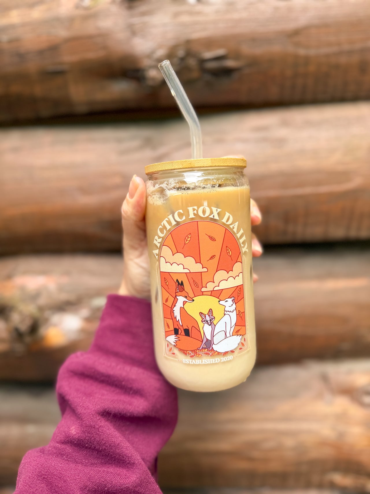 Fall 2024 Arctic Fox Daily 16 oz. Glass Cup with Glass Straw