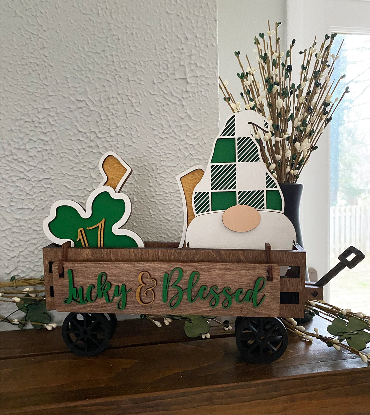 Wagon Shelf Sitter, St. Patrick's Decor, St. Patty's Day Decor, Rustic Decor, Mantel Decor, Interchangeable Decor, Wagon Decor, Clover Decor