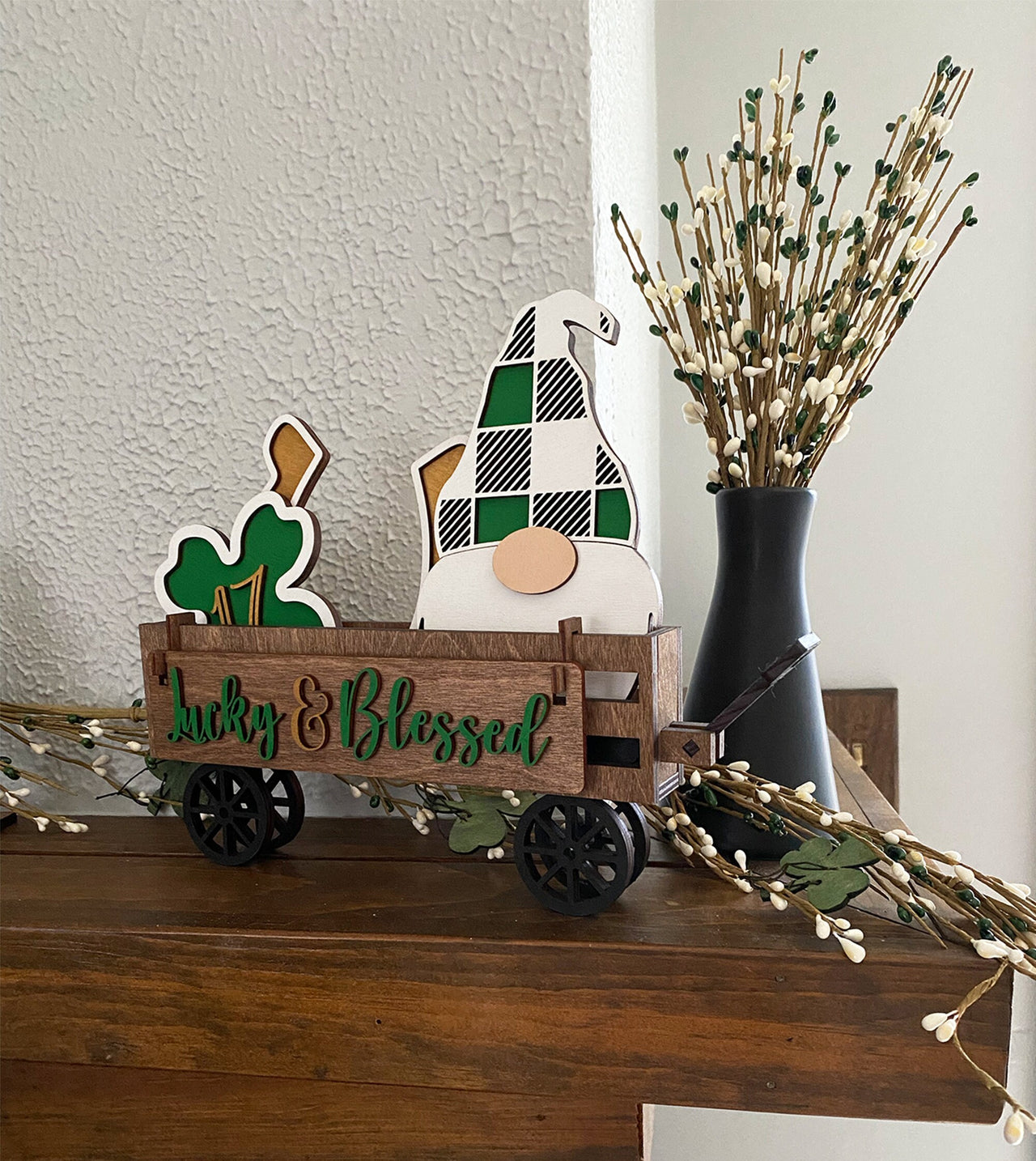 Wagon Shelf Sitter, St. Patrick's Decor, St. Patty's Day Decor, Rustic Decor, Mantel Decor, Interchangeable Decor, Wagon Decor, Clover Decor