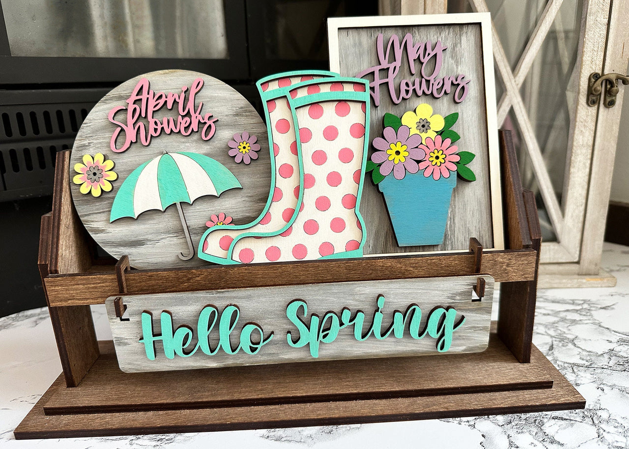 Spring Decor, Hello Spring Shelf Sitter, Rustic Decor, Interchangeable Decor, Spring Showers Decor, Shelf Sitter, Spring Shelf Sitter