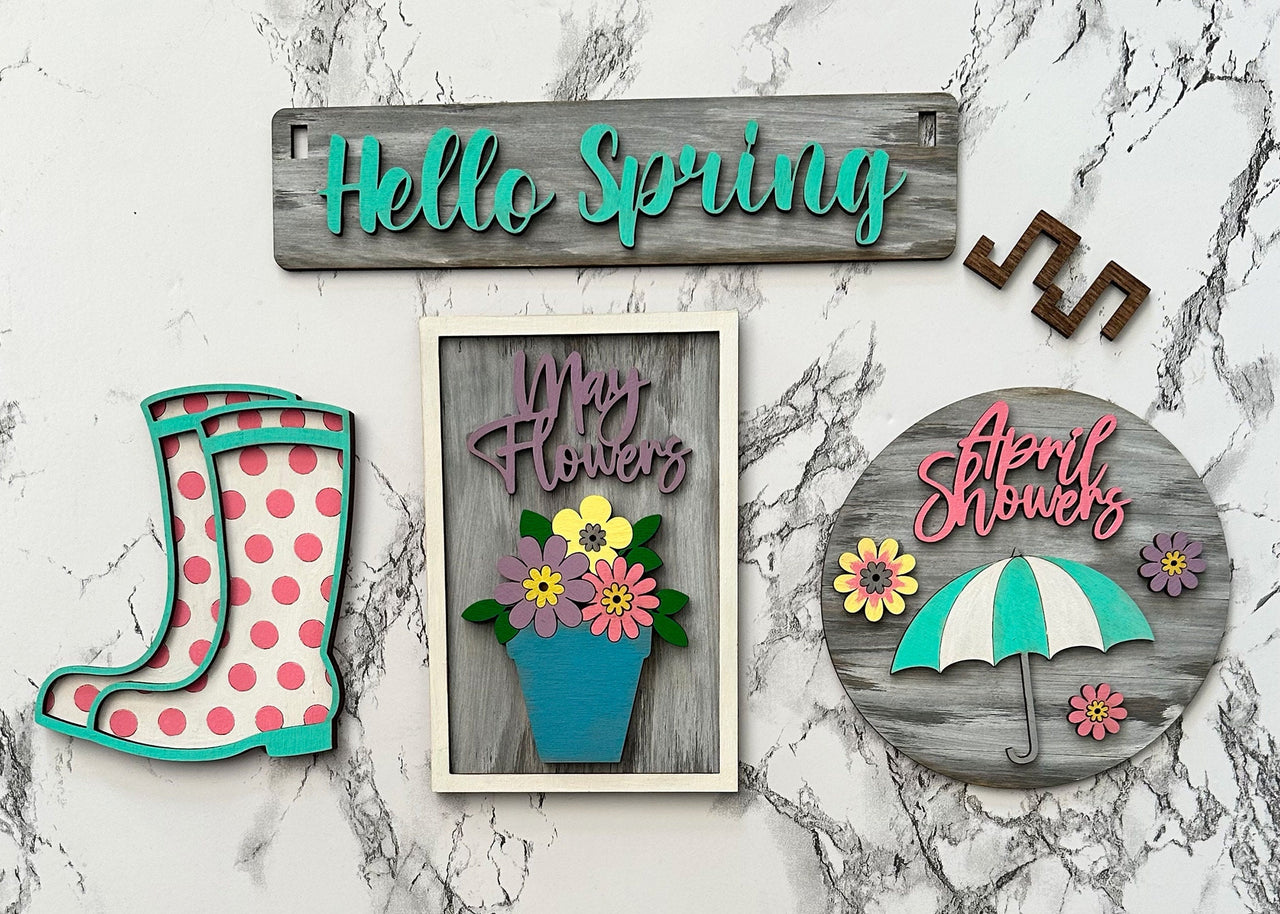 Spring Decor, Hello Spring Shelf Sitter, Rustic Decor, Interchangeable Decor, Spring Showers Decor, Shelf Sitter, Spring Shelf Sitter