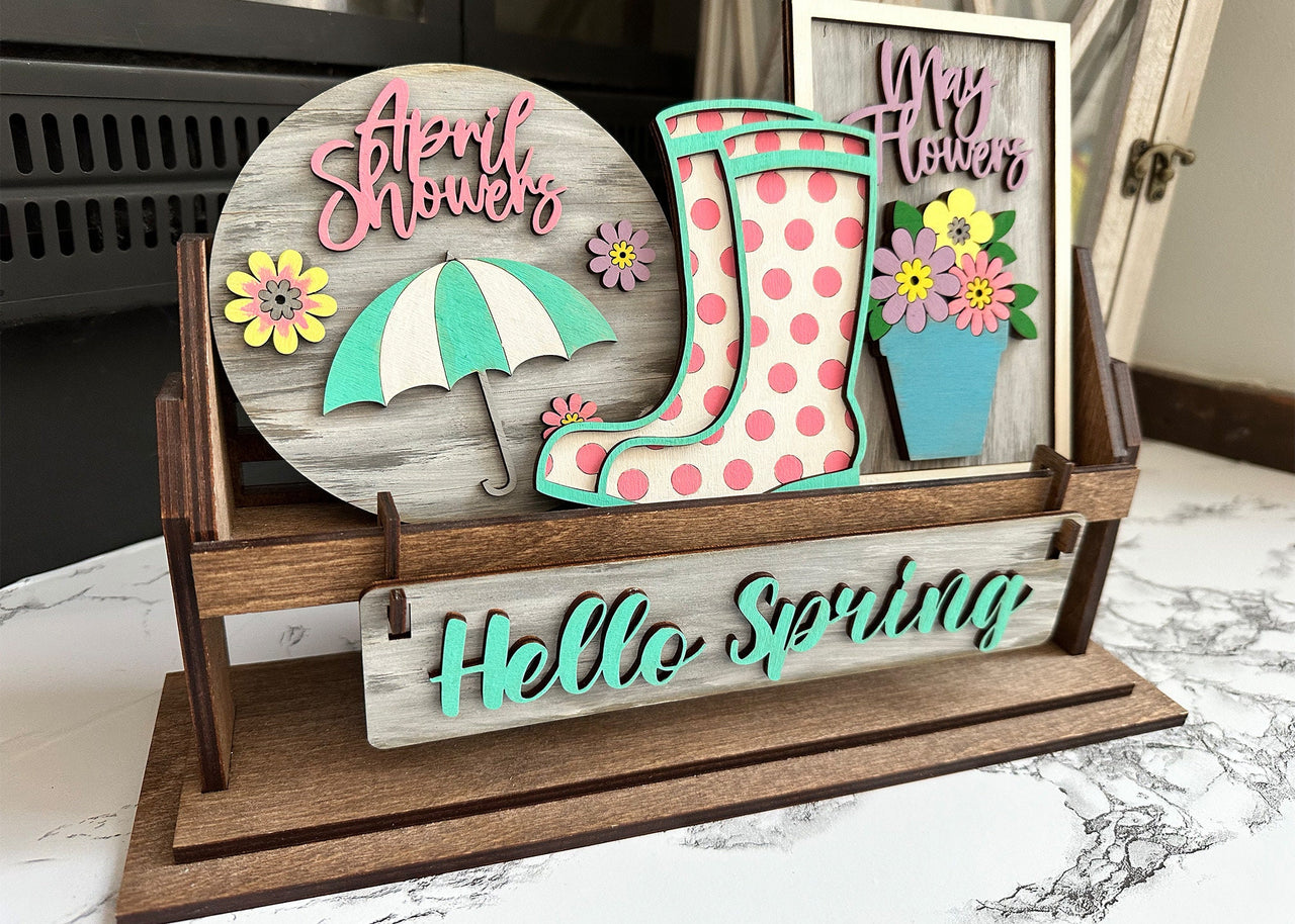 Spring Decor, Hello Spring Shelf Sitter, Rustic Decor, Interchangeable Decor, Spring Showers Decor, Shelf Sitter, Spring Shelf Sitter