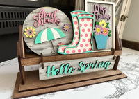 Thumbnail for Spring Decor, Hello Spring Shelf Sitter, Rustic Decor, Interchangeable Decor, Spring Showers Decor, Shelf Sitter, Spring Shelf Sitter