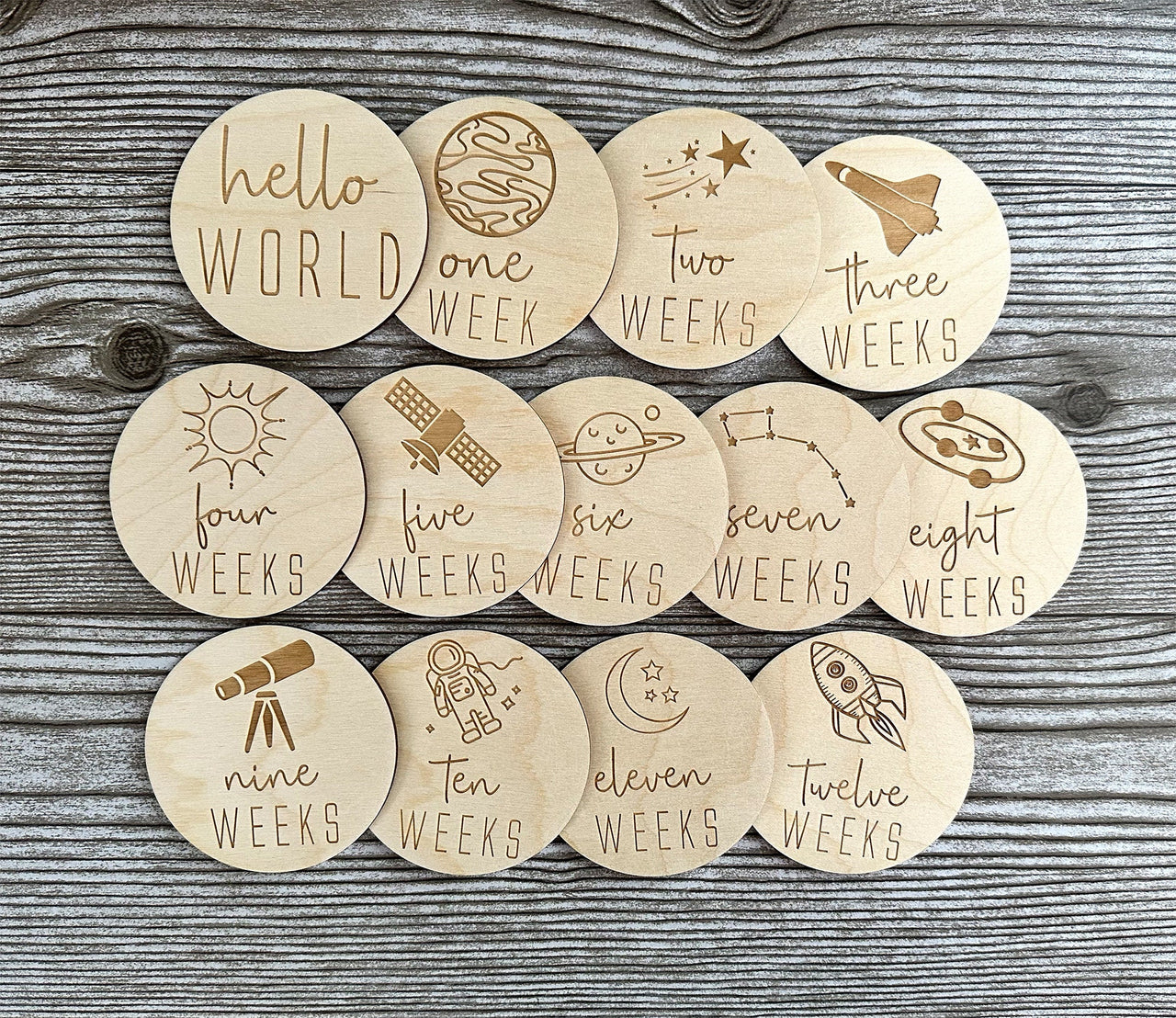 Baby Milestone Cards- Wooden Weekly Milestone for Baby Photos- Baby Gift- Baby Shower Gift- Baby Space Theme- Milestone Cards